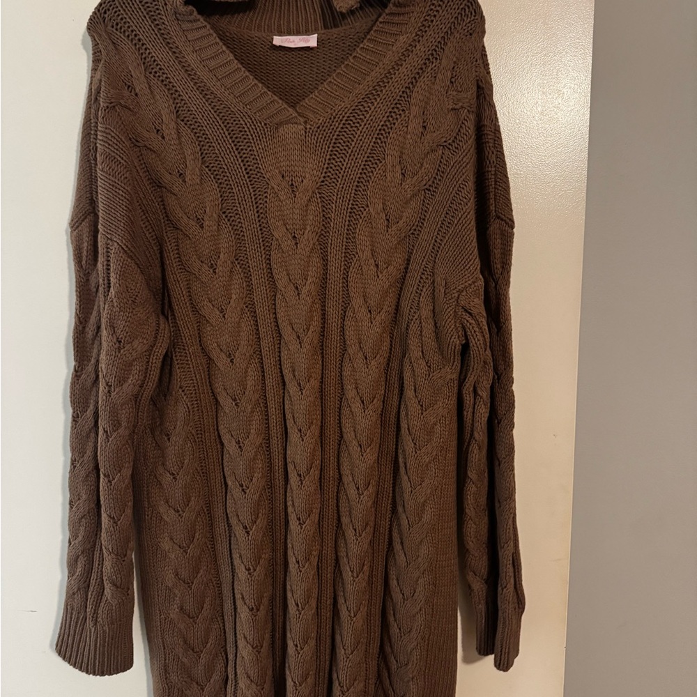 Brown Cable Knit Women's Sweater Dress